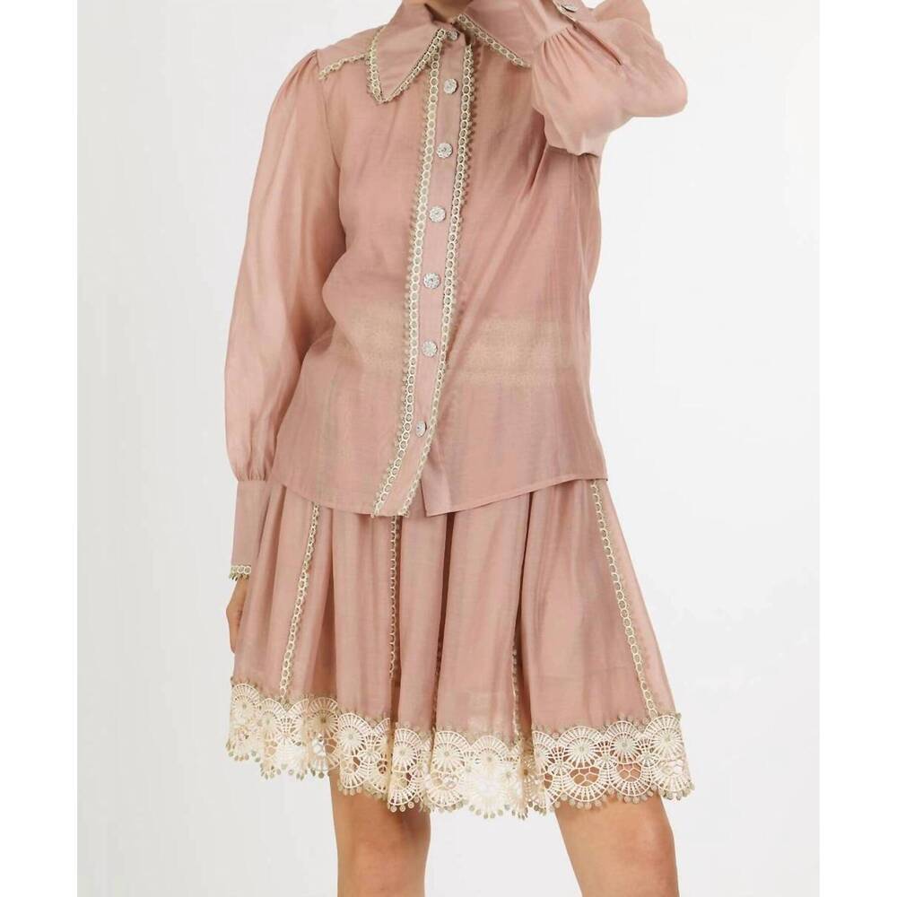 NEW BEULAHSTYLE megan lace trim detail chiffon shirt in pink